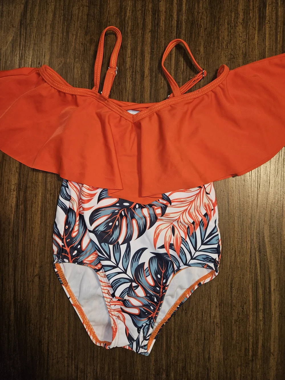 PatPat Orange Ruffle One-Piece Swimsuit with Navy Leaf Print